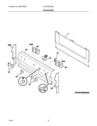 Backguard Diagram and Parts List for FFEF3003UWB  Frigidaire Range