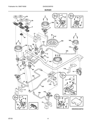Burner Diagram and Parts List for EW30GC60PS5  Frigidaire Cooktop