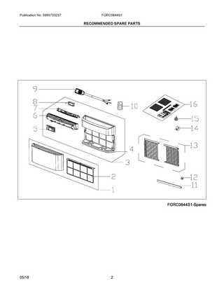 Recommended Spare Parts Diagram and Parts List for FGRC0844S110  Frigidaire Air Conditioner