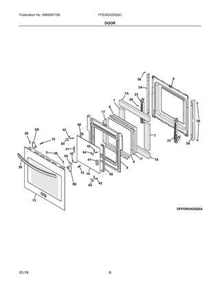 Door Diagram and Parts List for FFEW2425QSC  Frigidaire Wall Oven