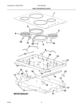 Main Top/surface Units Diagram and Parts List for FFEC3024LBB  Frigidaire Cooktop