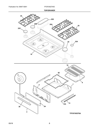 Top/drawer Diagram and Parts List for FFGF3052TWD  Frigidaire Range