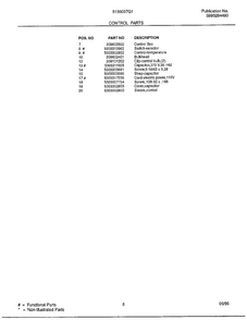 Control Parts Page 2 Diagram and Parts List for 5138007G1  Frigidaire Air Conditioner