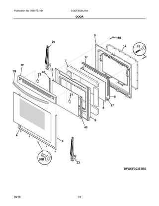 Door Diagram and Parts List for CGEF3036UWA  Frigidaire Range