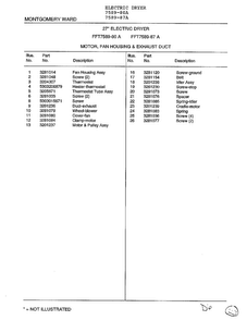 Motor, Fan Housing And Exhaust Duct Page 2 Diagram and Parts List for 7589-87A  Frigidaire Dryer