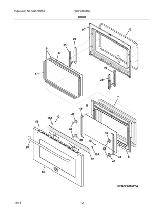 Door Diagram and Parts List for FGDF4085TSB  Frigidaire Range