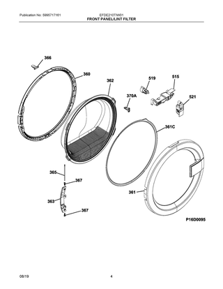 Front Panel/lint Filter Diagram and Parts List for EFDE210TIW01  Frigidaire Dryer