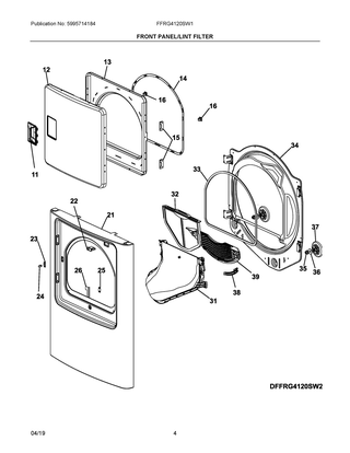 Front Panel/lint Filter Diagram and Parts List for FFRG4120SW1  Frigidaire Dryer