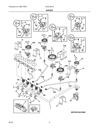 Burner Diagram and Parts List for FGGC3047QWF  Frigidaire Cooktop