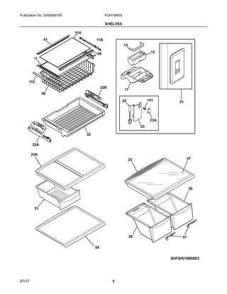Shelves Diagram and Parts List for FGHI1865SF5  Frigidaire Refrigerator