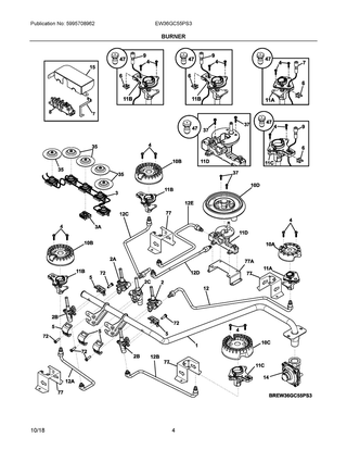 Burner Diagram and Parts List for EW36GC55PS3  Frigidaire Cooktop