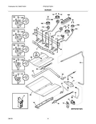 Burner Diagram and Parts List for FPGF3077QFH  Frigidaire Range