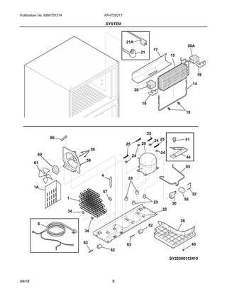 System Diagram and Parts List for FFHT2021TB1  Frigidaire Refrigerator