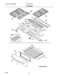 Top/Drawer Diagram and Parts List for FGGH3047VFE  Frigidaire Range