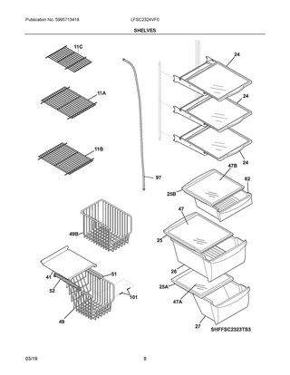 Shelves Diagram and Parts List for LFSC2324VF0  Frigidaire Refrigerator