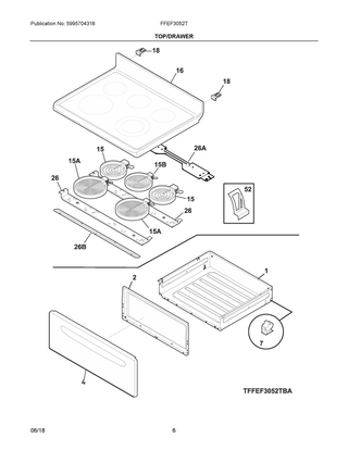 Top/drawer Diagram and Parts List for FFEF3052TWB  Frigidaire Range