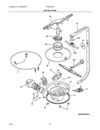 Motor & Pump Diagram and Parts List for FFBD2404NB9C  Frigidaire Dishwasher