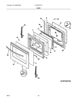 Door Diagram and Parts List for LFEF3054TFC  Frigidaire Range