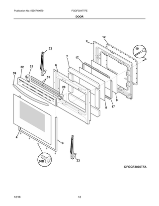 Door Diagram and Parts List for FGGF3047TFE  Frigidaire Range
