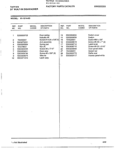 Tappan 24" Built-in Dishwasher Page 3 Diagram and Parts List for 61-1014-00  Frigidaire Dishwasher