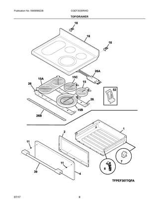 Top/drawer Diagram and Parts List for CGEF3035RWD  Frigidaire Range
