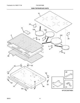 Main Top/surface Units Diagram and Parts List for FGIC3067MBB  Frigidaire Cooktop