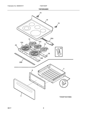 04 - TOP/DRAWER Diagram and Parts List for FGEF3030PWC  Frigidaire Range