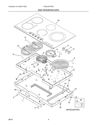 Main Top/surface Units Diagram and Parts List for FPEC3677RFB  Frigidaire Cooktop