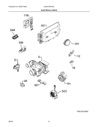Electrical Parts Diagram and Parts List for E24ID75SPS3A  Frigidaire Dishwasher
