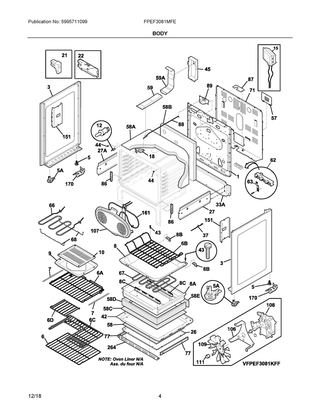 Body Diagram and Parts List for FPEF3081MFE  Frigidaire Range