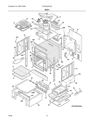 Body Diagram and Parts List for FFGW2426USA  Frigidaire Wall Oven