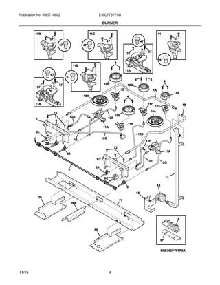Burner Diagram and Parts List for E36DF76TPSB  Frigidaire Range