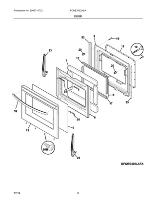 Door Diagram and Parts List for FCRE3052ASA  Frigidaire Range