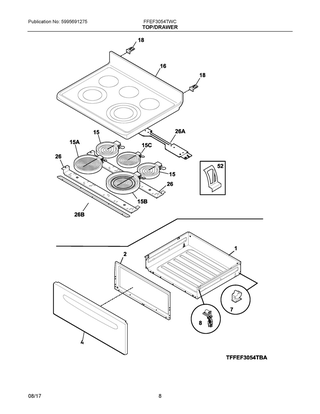 Top/drawer Diagram and Parts List for FFEF3054TWC  Frigidaire Range