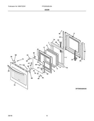 Door Diagram and Parts List for FFEW2426USA  Frigidaire Wall Oven