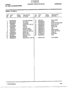 24" Built-in Dishwasher Page 6 Diagram and Parts List for 61-1082-10  Tappan Dishwasher