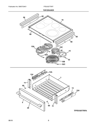 Top/drawer Diagram and Parts List for FPEH3077RFF  Frigidaire Range