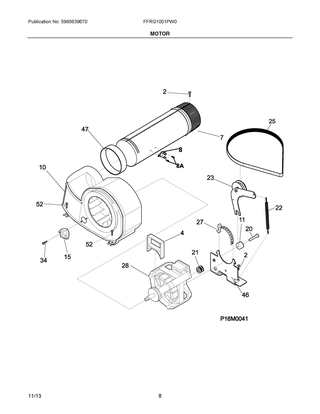 Motor Diagram and Parts List for FFRG1001PW0  Frigidaire Dryer