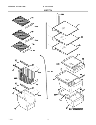 Shelves Diagram and Parts List for FGSS2635TFB  Frigidaire Refrigerator