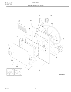 Front Panel/Lint Filter Diagram and Parts List for FGR221CAS0  Frigidaire Dryer