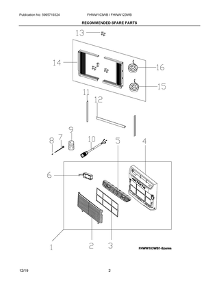 Recommended Spare Parts Diagram and Parts List for FHWW103WB100  Frigidaire Air Conditioner