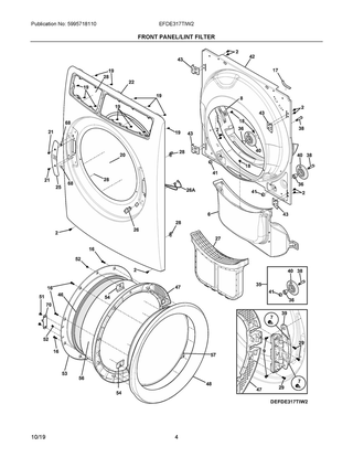 Front Panel/lint Filter Diagram and Parts List for EFDE317TIW2  Frigidaire Dryer