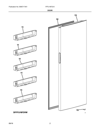 Door Diagram and Parts List for FFFU16F2VV  Frigidaire Freezer