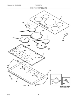 Main Top/surface Units Diagram and Parts List for FFIC3626TBA  Frigidaire Cooktop
