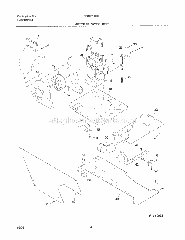 Motor / Blower / Belt Diagram and Parts List for FEX831CS0  Frigidaire Washer Dryer Combo