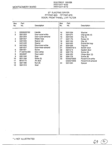 Door, Front Panel, Lint Filter Page 2 Diagram and Parts List for 7007-80D  Frigidaire Dryer