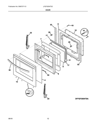 Door Diagram and Parts List for LFGF3054TDC  Frigidaire Range