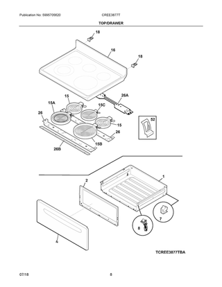 Top/drawer Diagram and Parts List for CREE3877TBB  Frigidaire Range