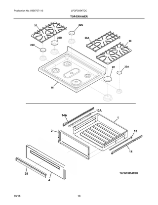 Top/drawer Diagram and Parts List for LFGF3054TDC  Frigidaire Range