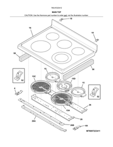 Main Top Diagram and Parts List for 79097223412  Kenmore Range